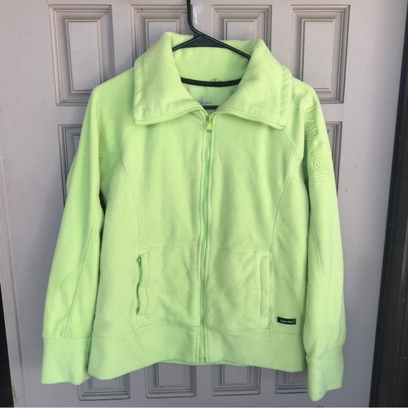 Calvin Klein Lime Grn Sweat Shirt Front Zip Long Sleeve Banded Cuff/Collar Polar - Picture 1 of 6